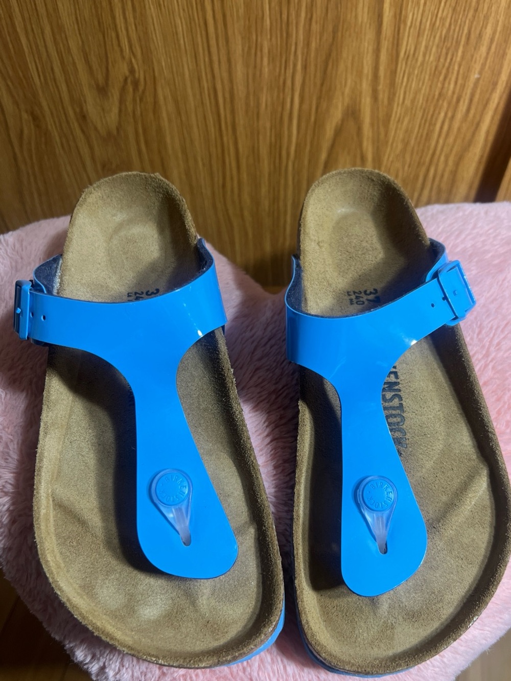 Birkenstock Patent Electric Blue T-Strap Thong Sandals